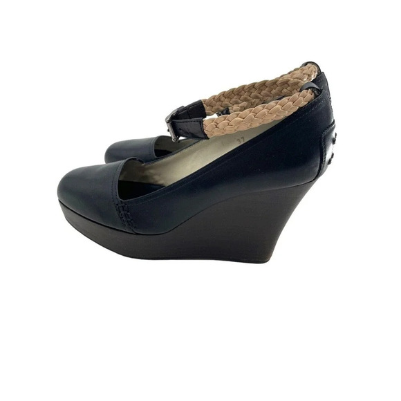 TOD'S Womens size US 7 Black Leather Platform Wedge Shoes Strap EU 37 Dust Bag - Picture 2 of 16